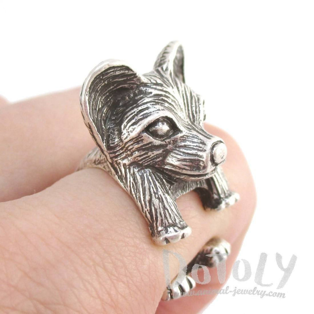 3D Continental Toy Spaniel Papillon Dog Shaped Animal Ring in Silver