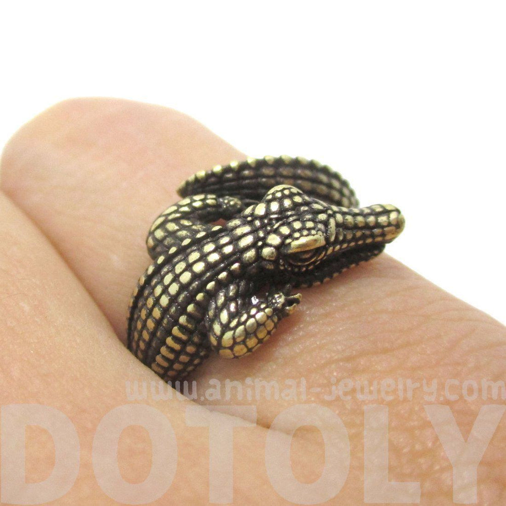 3D Crocodile Alligator Shaped Animal Wrap Around Ring in Brass | US Size 5 to 9 Available | DOTOLY