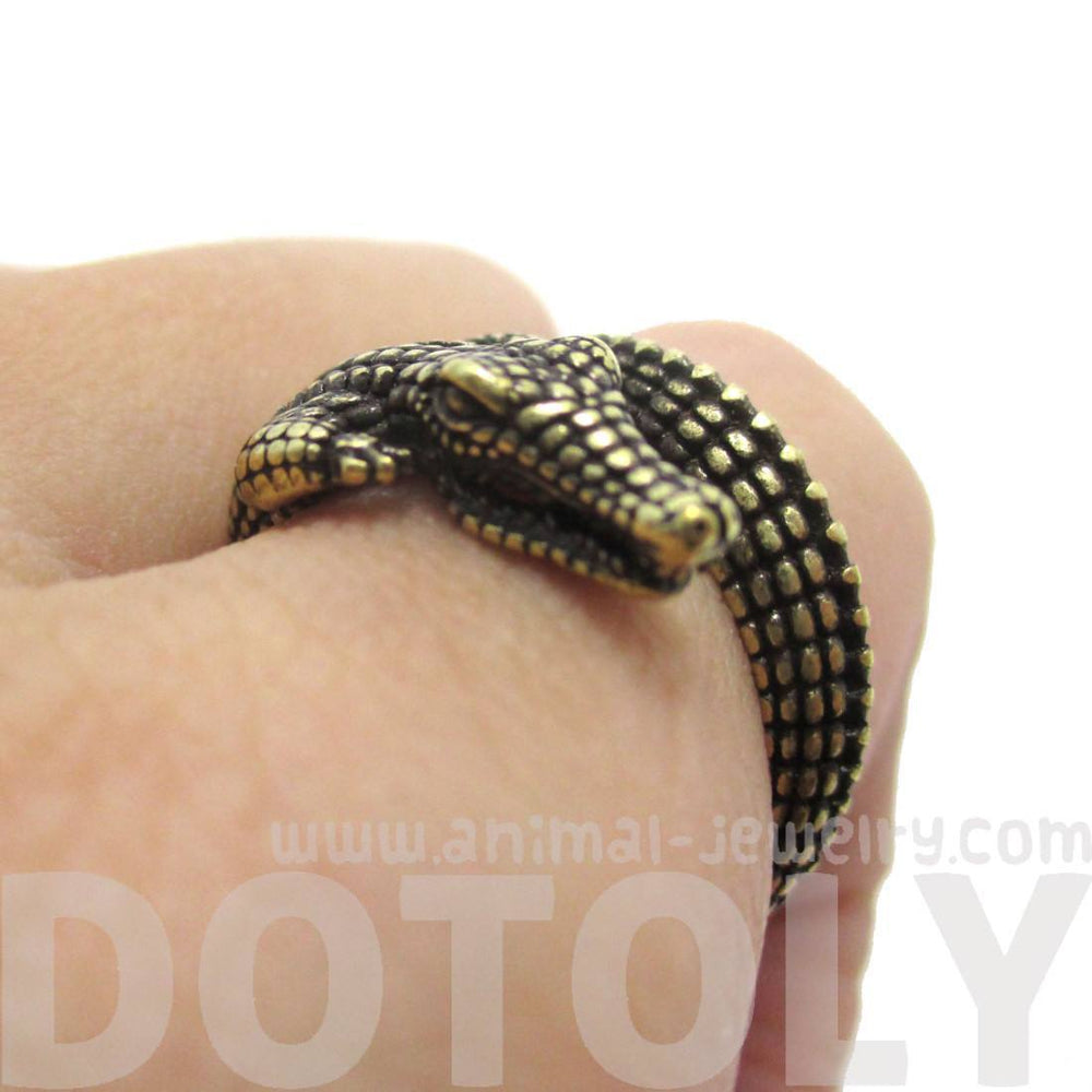 3D Crocodile Alligator Shaped Animal Wrap Around Ring in Brass | US Size 5 to 9 Available | DOTOLY