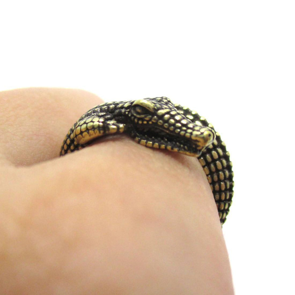 3D Crocodile Alligator Shaped Animal Wrap Around Ring in Brass | US Size 5 to 9 Available | DOTOLY