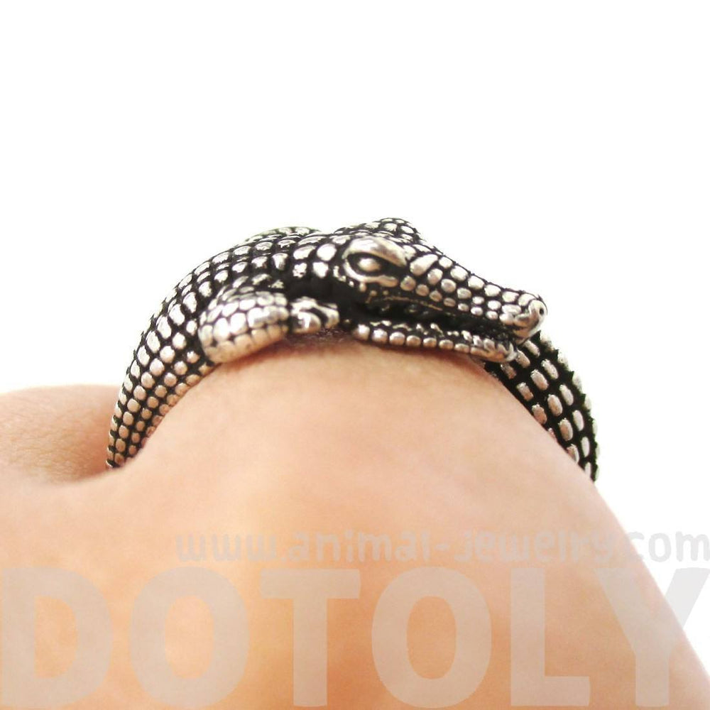 3D Crocodile Alligator Shaped Animal Wrap Around Ring in Silver | US Size 5 to 9 Available | DOTOLY