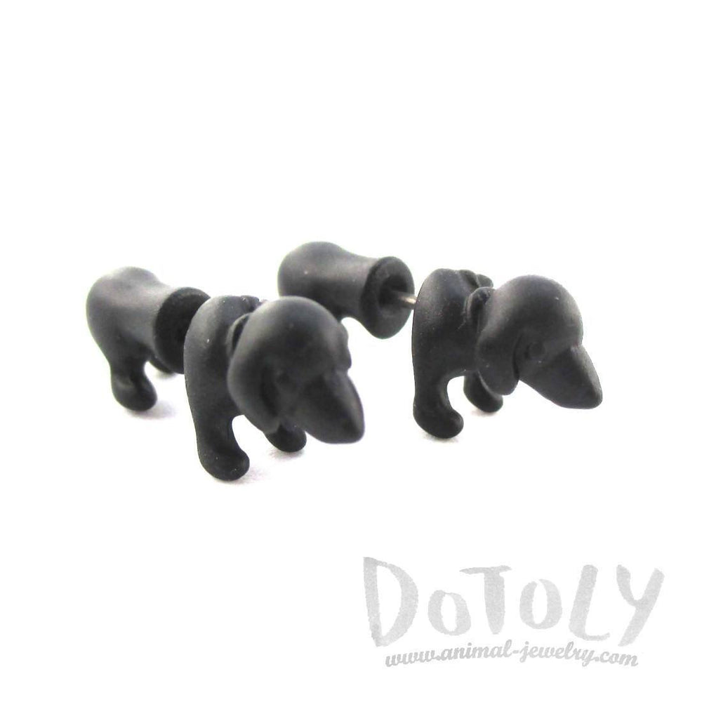 3D Dachshund Puppy Dog Shaped Front and Back Stud Earrings in Black