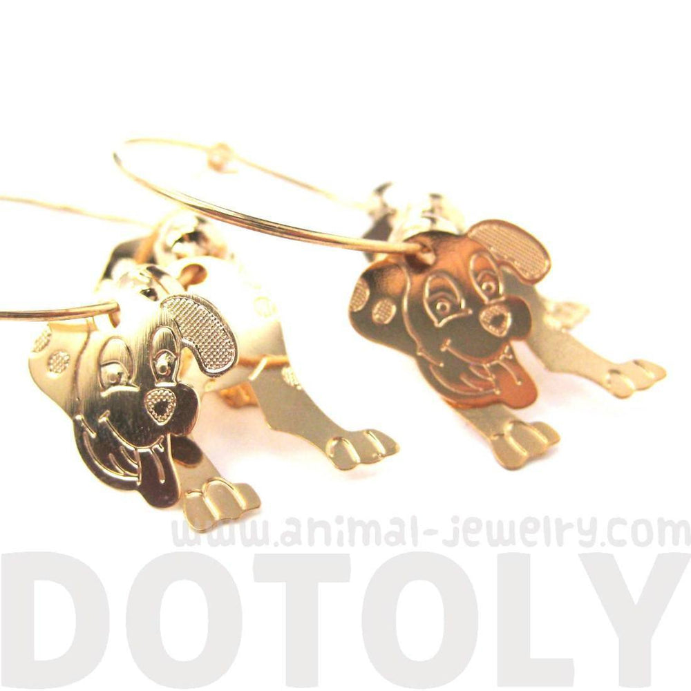 3D Dalmatian Puppy Dog Shaped Dangle Hoop Earrings in Gold | Animal Jewelry | DOTOLY