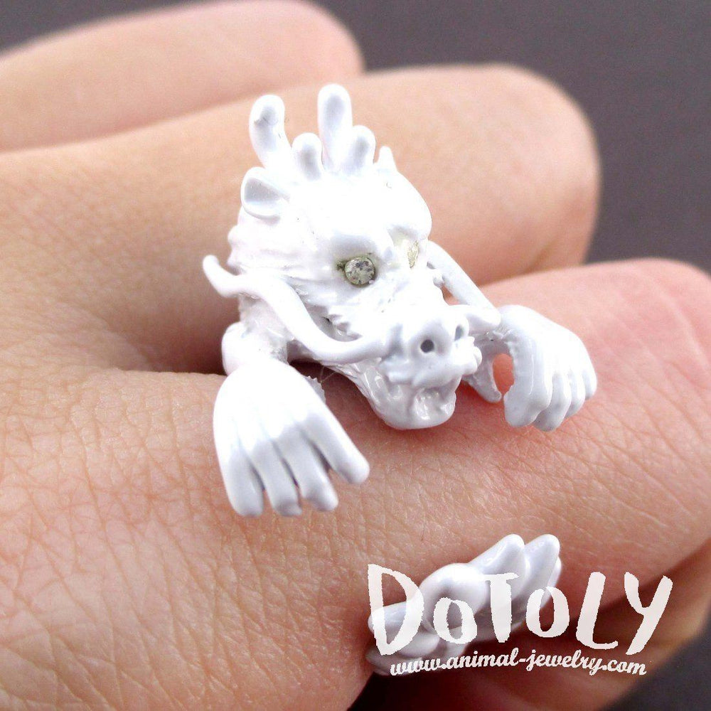 3D Detailed Dragon Wrapped Around Your Finger Shaped Ring in White