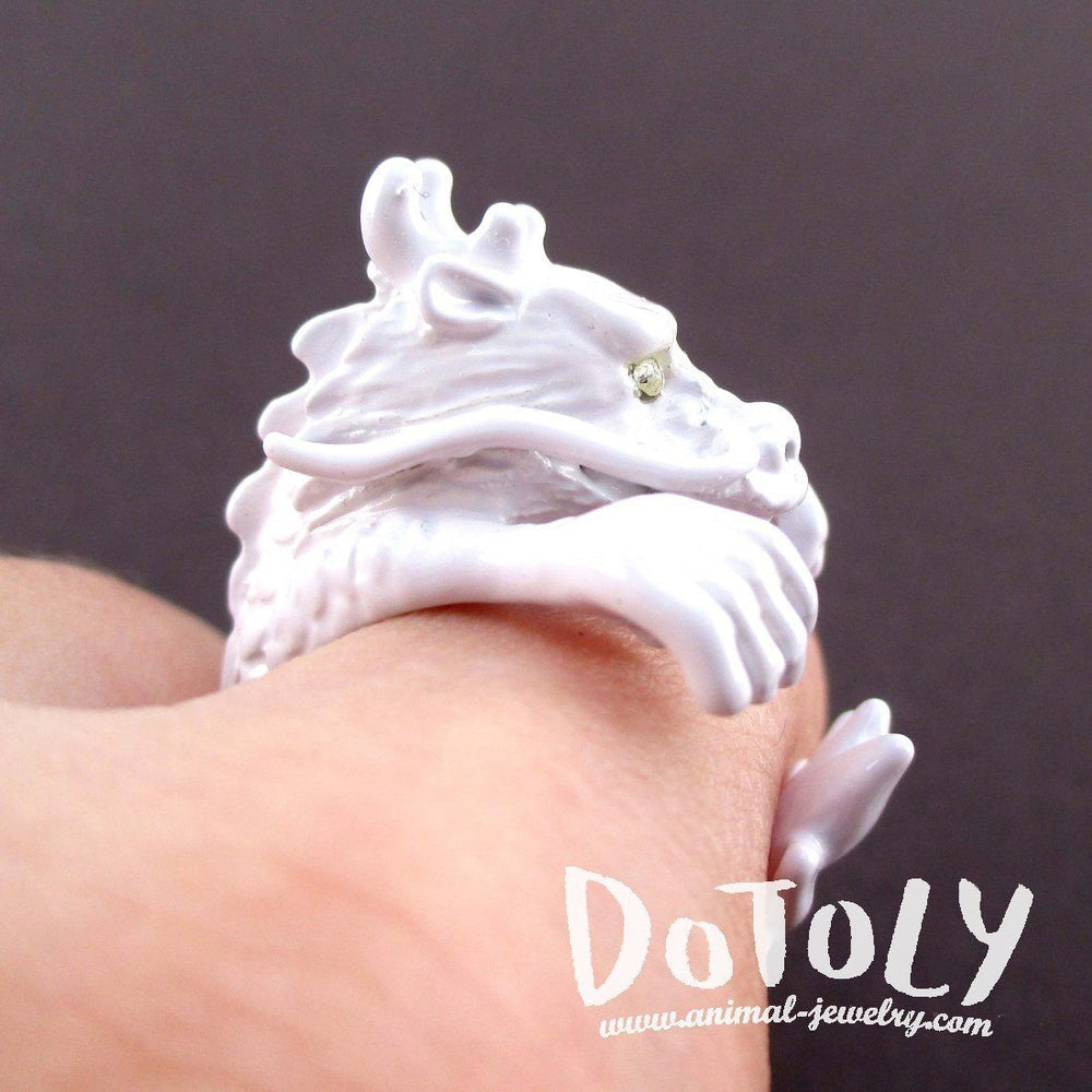 3D Detailed Dragon Wrapped Around Your Finger Shaped Ring in White