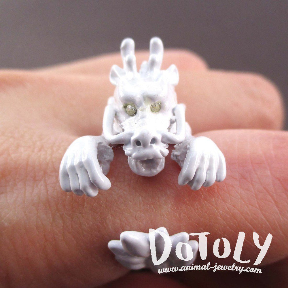 3D Detailed Dragon Wrapped Around Your Finger Shaped Ring in White