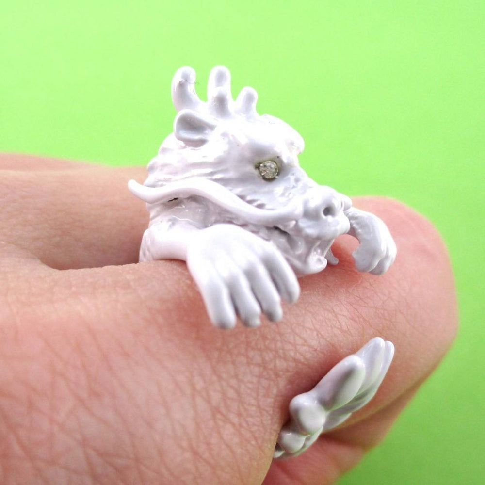 3D Detailed Dragon Wrapped Around Your Finger Shaped Ring in White