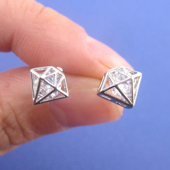 3D Diamond Shaped Rhinestone Stud Earrings in Silver