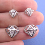 3D Diamond Shaped Rhinestone Stud Earrings in Silver
