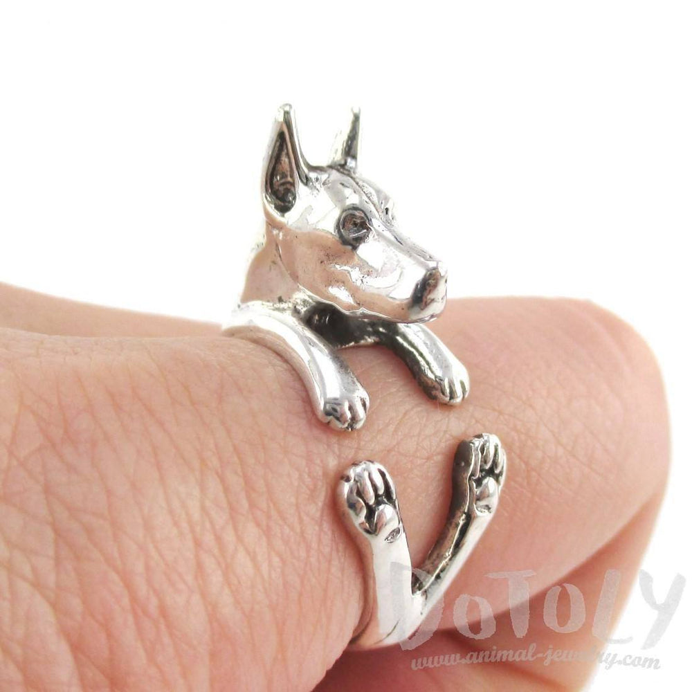 3D Doberman Pinscher Dog Shaped Animal Wrap Ring in 925 Sterling Silver | Sizes 5 to 8.5 | DOTOLY