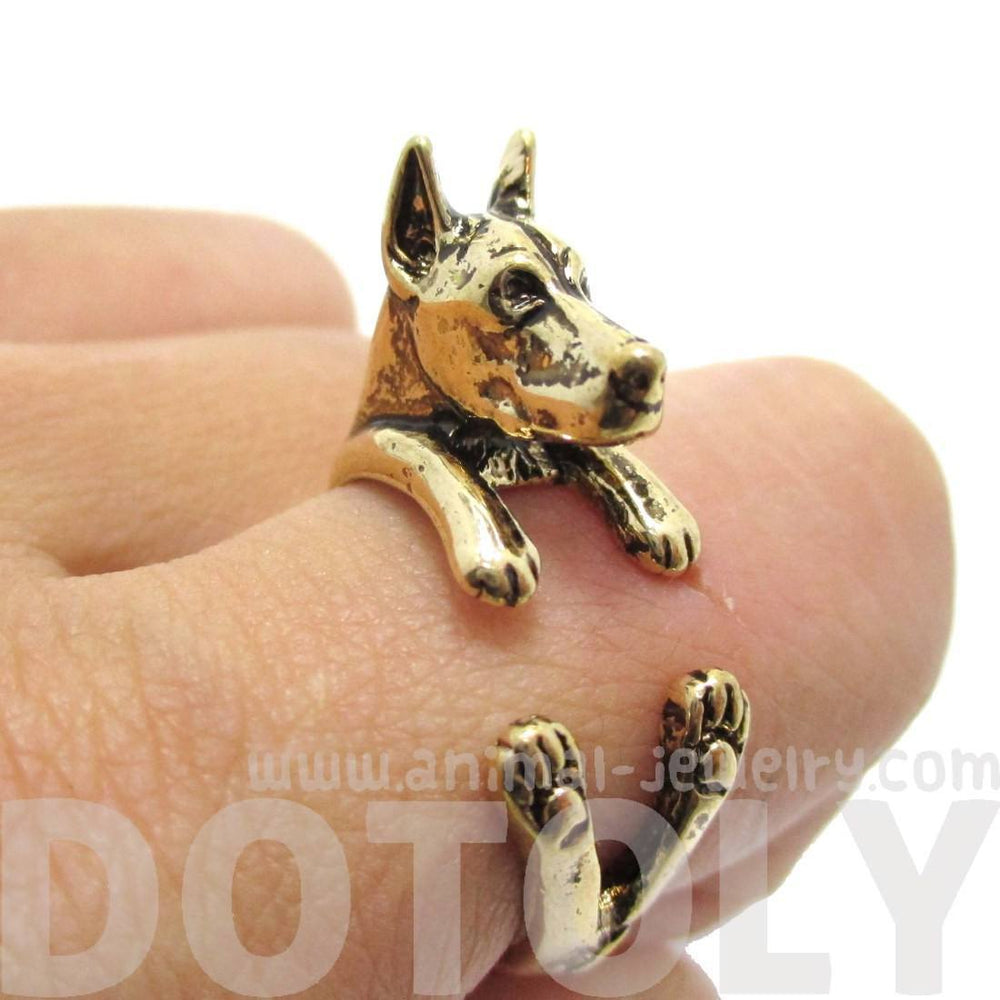 3D Doberman Pinscher Dog Shaped Animal Wrap Ring in Shiny Gold | Sizes 5 to 9 | DOTOLY