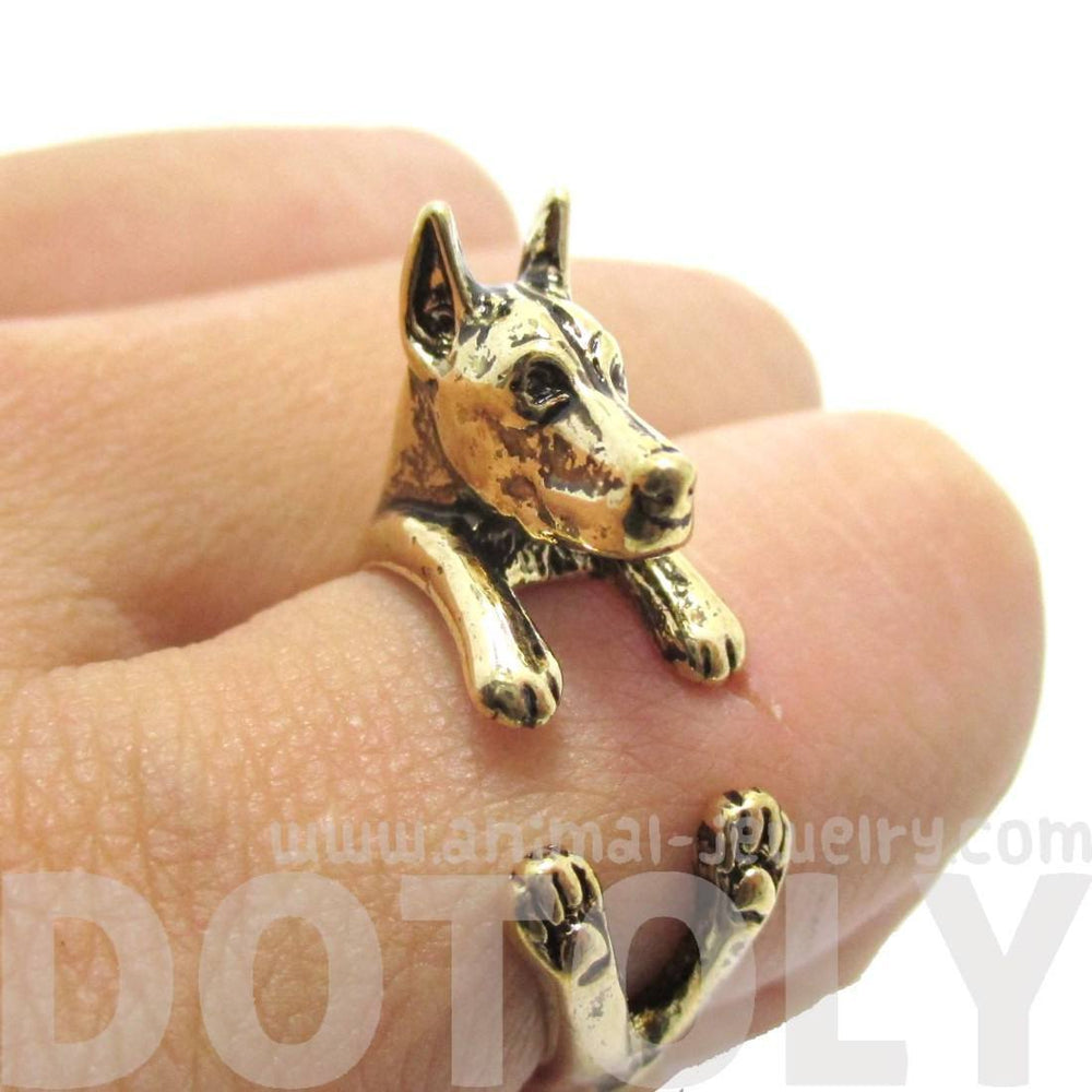 3D Doberman Pinscher Dog Shaped Animal Wrap Ring in Shiny Gold | Sizes 5 to 9 | DOTOLY