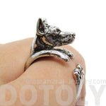 3D Doberman Pinscher Dog Shaped Animal Wrap Ring in Shiny Silver | Sizes 5 to 9 | DOTOLY