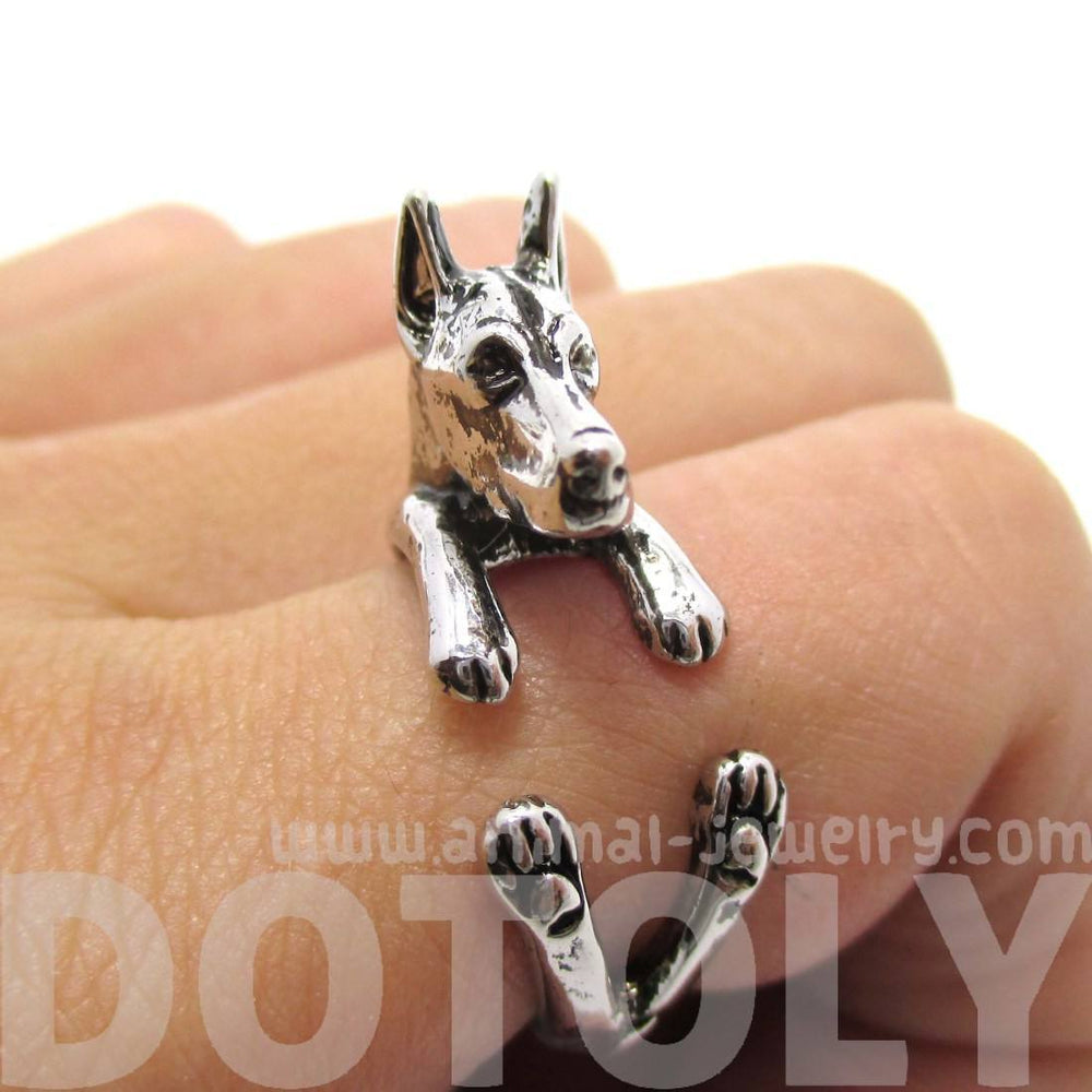 3D Doberman Pinscher Dog Shaped Animal Wrap Ring in Shiny Silver | Sizes 5 to 9 | DOTOLY
