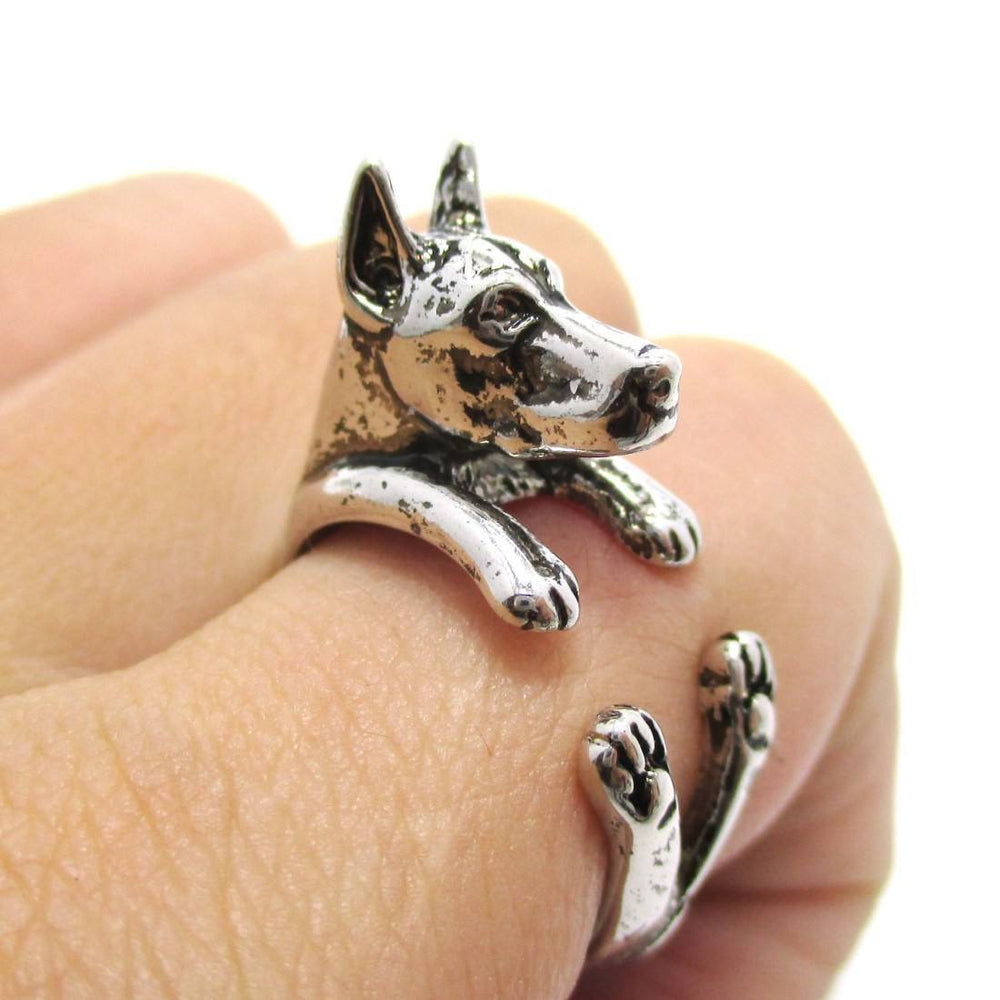 3D Doberman Pinscher Dog Shaped Animal Wrap Ring in Shiny Silver | Sizes 5 to 9 | DOTOLY