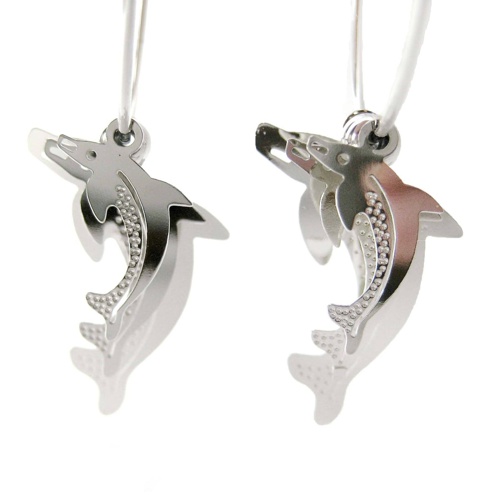 3D Dolphin Shaped Dangle Hoop Earrings in Silver | Animal Jewelry | DOTOLY