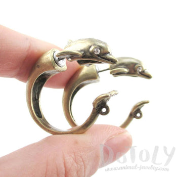 3D Dolphin Shaped Front and Back Two Part Stud Earrings in Brass | DOTOLY