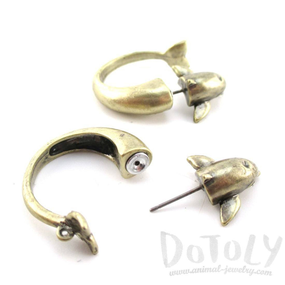3D Dolphin Shaped Front and Back Two Part Stud Earrings in Brass | DOTOLY
