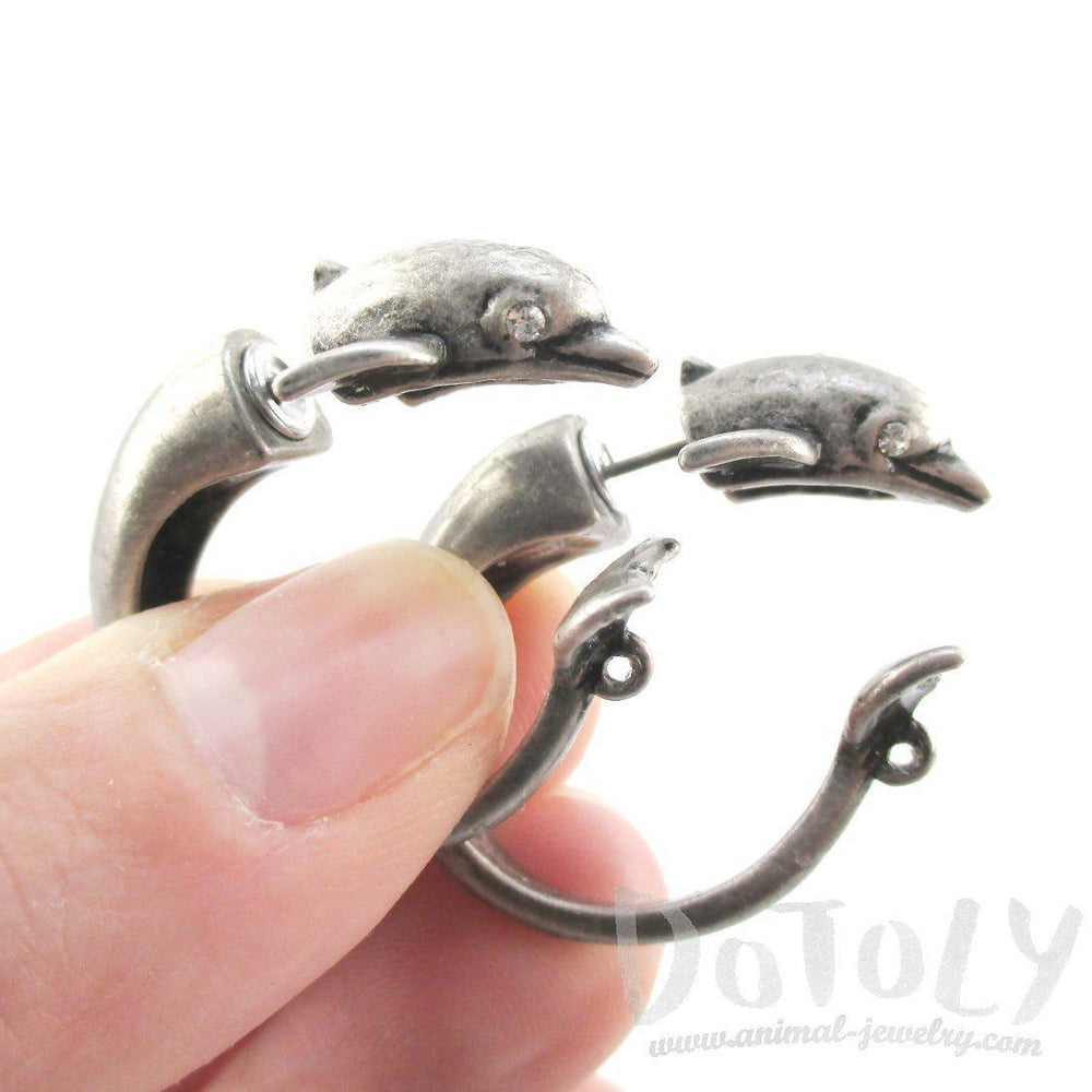 3D Dolphin Shaped Front and Back Two Part Stud Earrings in Silver | DOTOLY