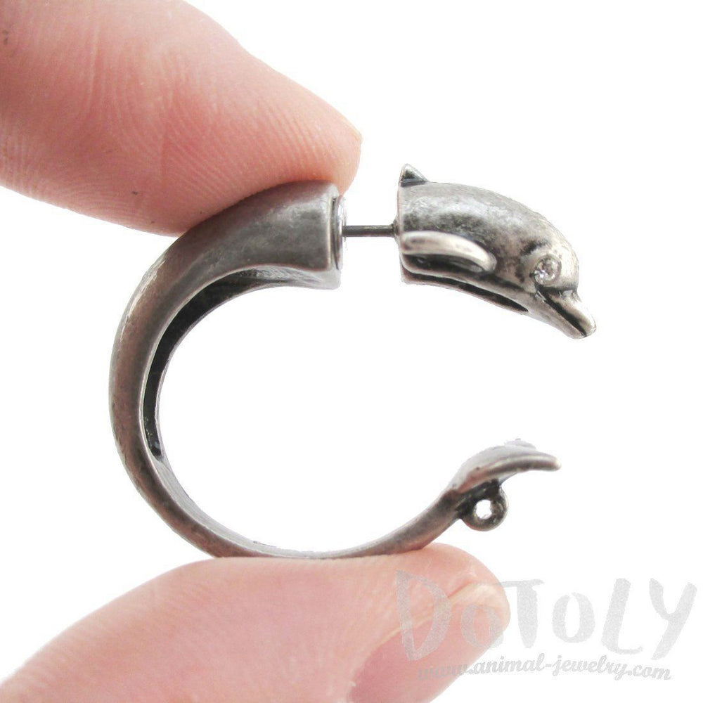 3D Dolphin Shaped Front and Back Two Part Stud Earrings in Silver | DOTOLY