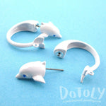 3D Dolphin Shaped Front and Back Two Part Stud Earrings in White | DOTOLY