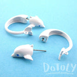 3D Dolphin Shaped Front and Back Two Part Stud Earrings in White | DOTOLY
