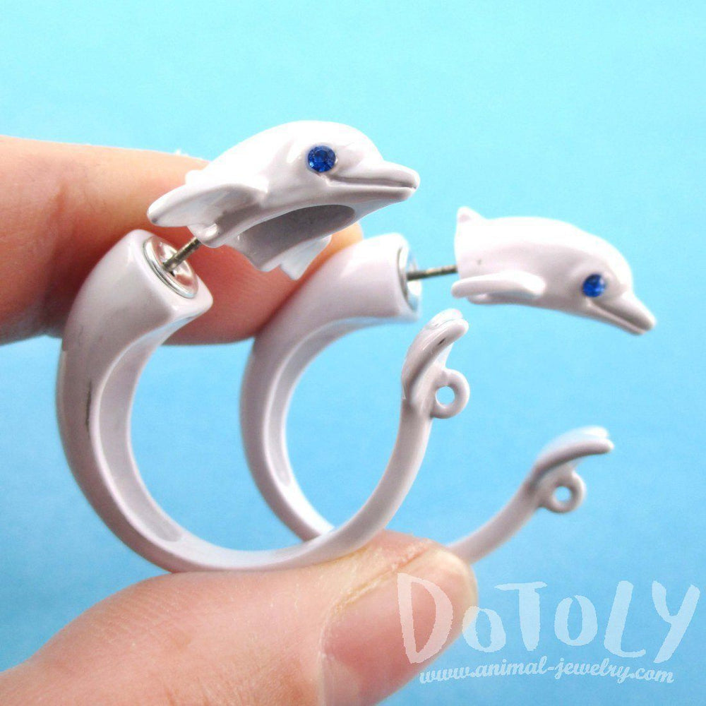 3D Dolphin Shaped Front and Back Two Part Stud Earrings in White | DOTOLY