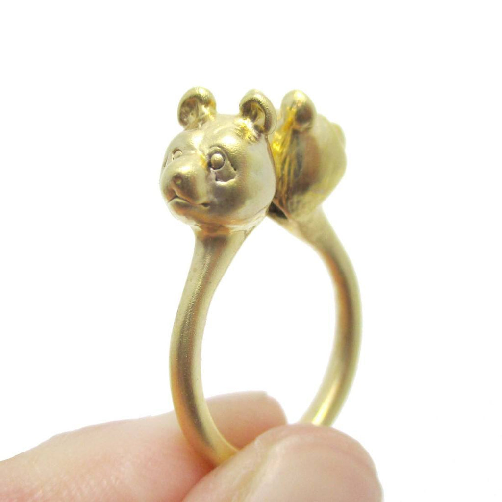 3D Double Panda Bear Head Shaped Ring in Gold Animal Jewelry