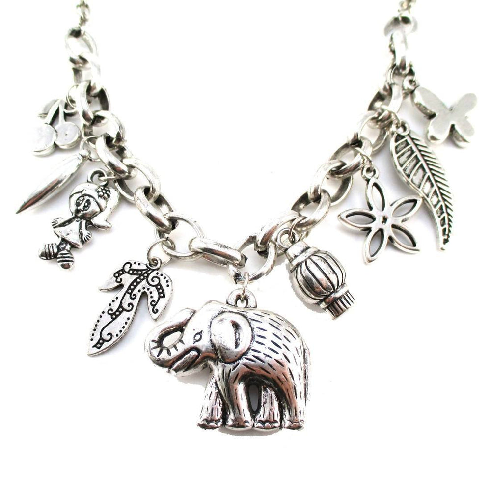 3D Elephant Floral Leaves Shaped Charm Necklace in Silver | Animal Jewelry | DOTOLY