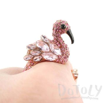 3D Flamingo Bird Shaped Animal Wrap Ring in Pink with Rhinestones | US Size 6 to 7 | DOTOLY