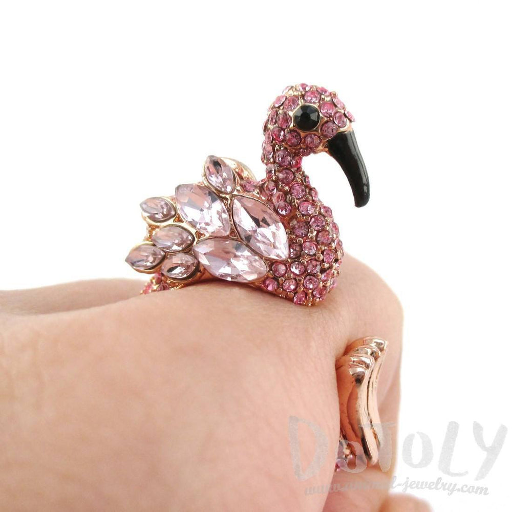 3D Flamingo Bird Shaped Animal Wrap Ring in Pink with Rhinestones | US Size 6 to 7 | DOTOLY