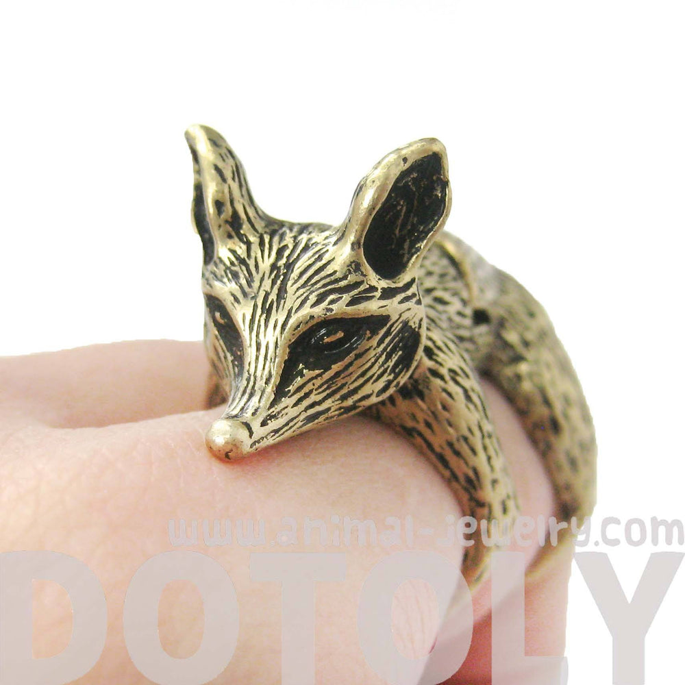 3D Fox Wolf Shaped Animal Wrap Armor Knuckle Joint Ring in Brass | Size 5 to 9 | DOTOLY