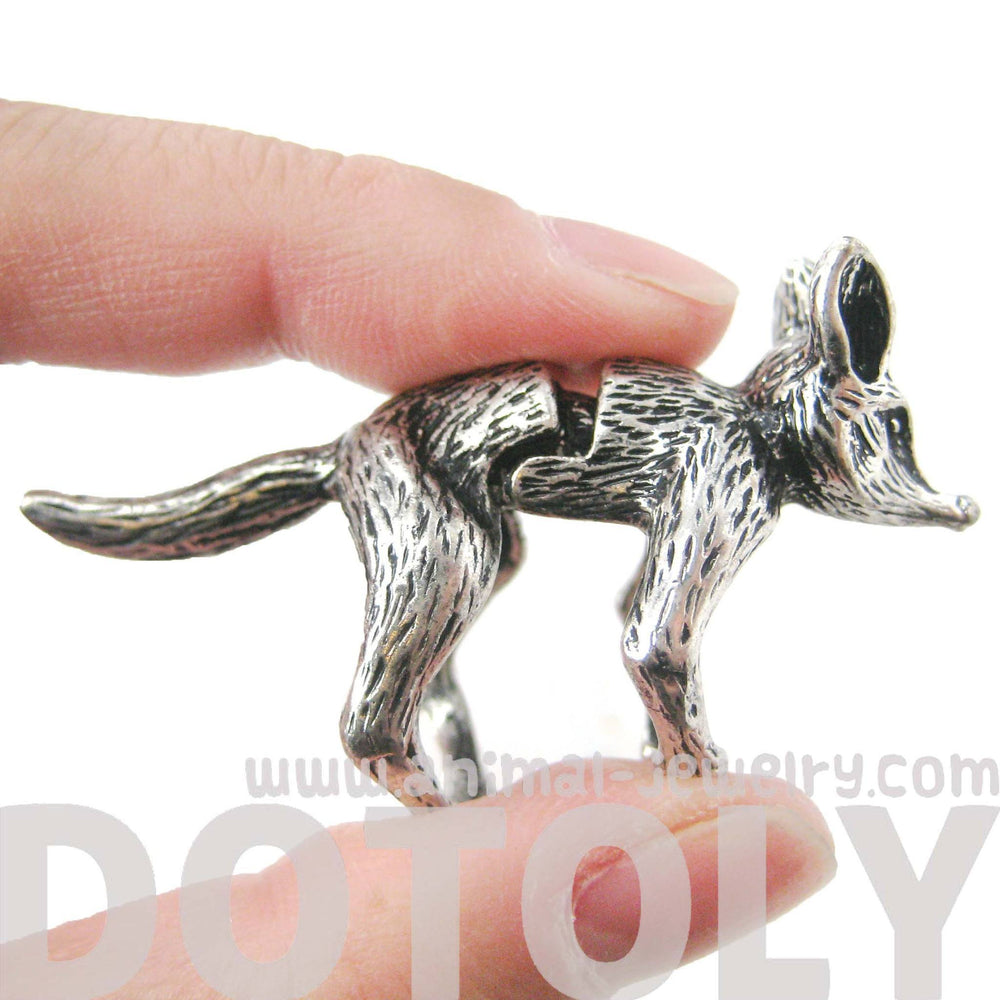 3D Fox Wolf Shaped Animal Wrap Armor Knuckle Joint Ring in Silver | Size 5 to 9 | DOTOLY