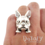 3D French Bulldog Face Shaped Animal Ring in Silver | Animal Jewelry