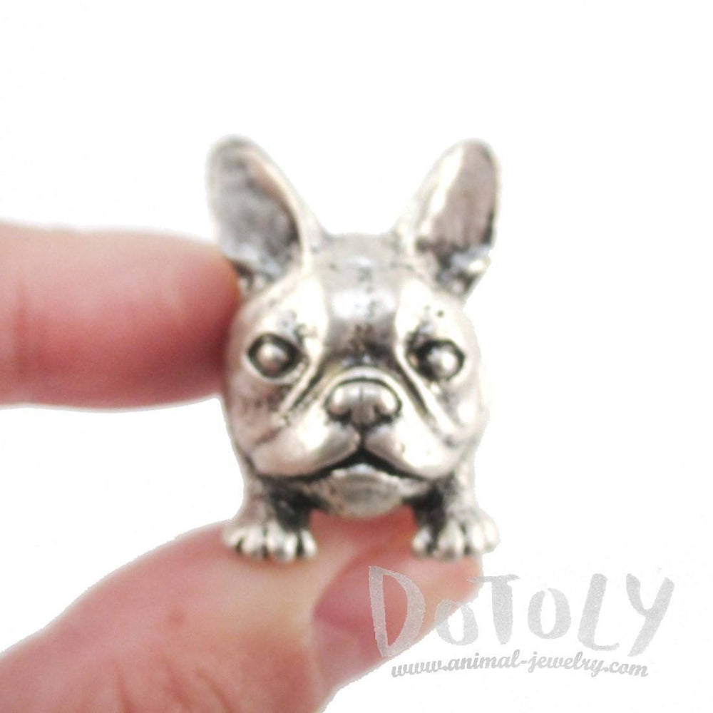 3D French Bulldog Face Shaped Animal Ring in Silver | Animal Jewelry