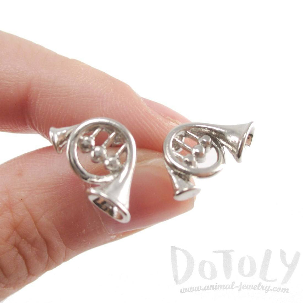 3D French Horn Shaped Music Themed Stud Earrings in Silver | DOTOLY | DOTOLY