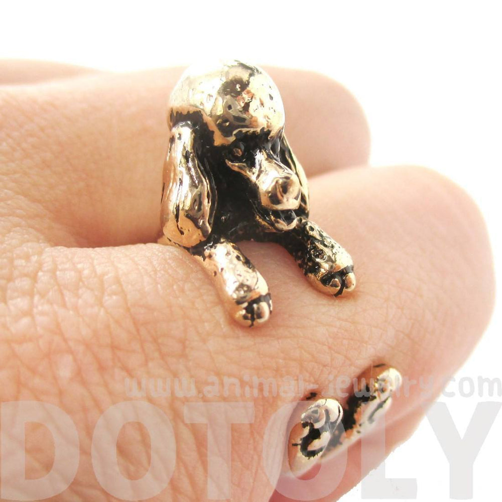 3D French Poodle Dog Shaped Animal Wrap Ring in Shiny Gold | Sizes 4 to 8.5 | DOTOLY