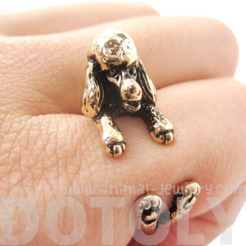 3D French Poodle Dog Shaped Animal Wrap Ring in Shiny Gold | Sizes 4 to 8.5 | DOTOLY