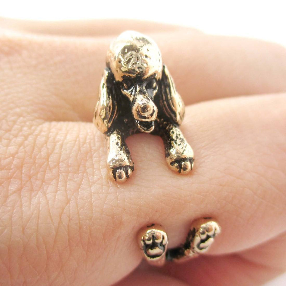 3D French Poodle Dog Shaped Animal Wrap Ring in Shiny Gold | Sizes 4 to 8.5 | DOTOLY