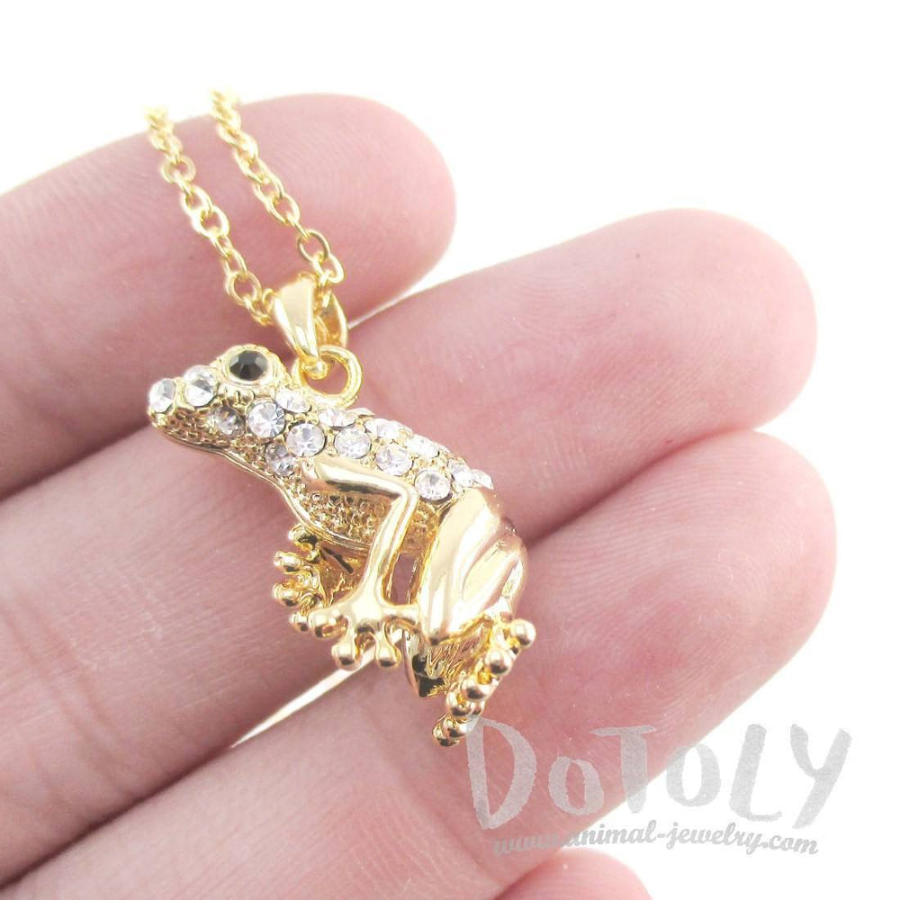 3D Frog Shaped Pendant Necklace in Gold with Rhinestones | DOTOLY