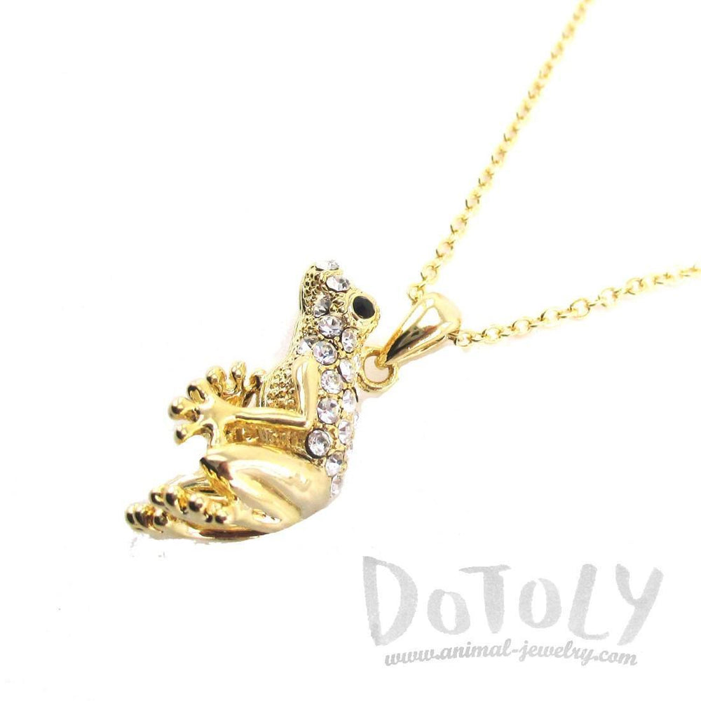 3D Frog Shaped Pendant Necklace in Gold with Rhinestones | DOTOLY