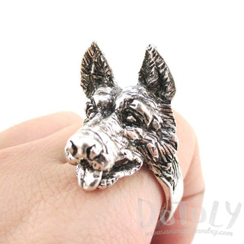 3D German Shepherd Head Shaped Animal Ring in Silver | Gifts for Dog Lovers | DOTOLY