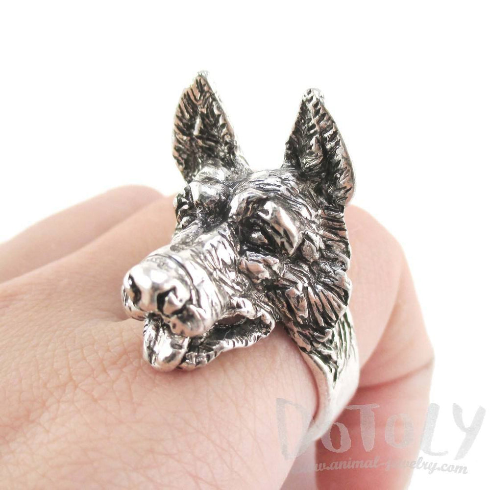 3D German Shepherd Head Shaped Animal Ring in Silver | Gifts for Dog Lovers | DOTOLY