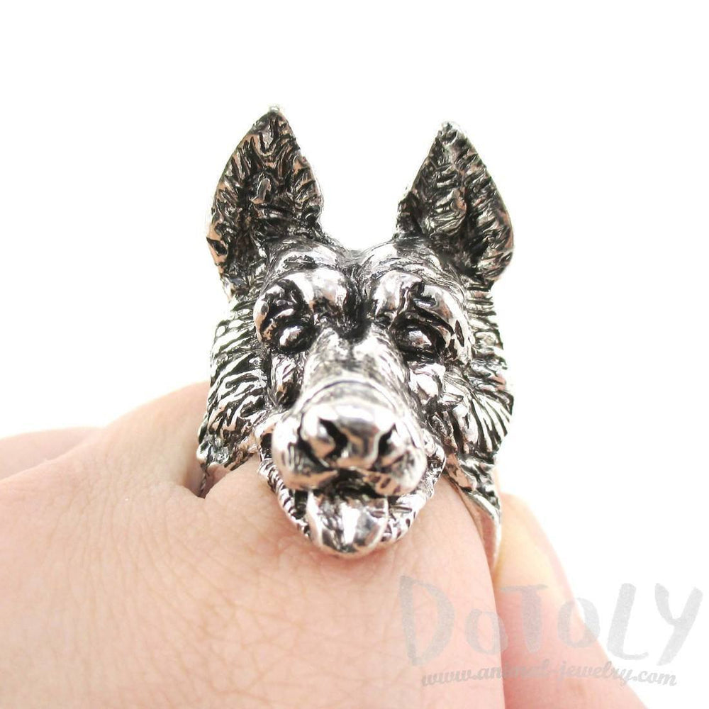 3D German Shepherd Head Shaped Animal Ring in Silver | Gifts for Dog Lovers | DOTOLY