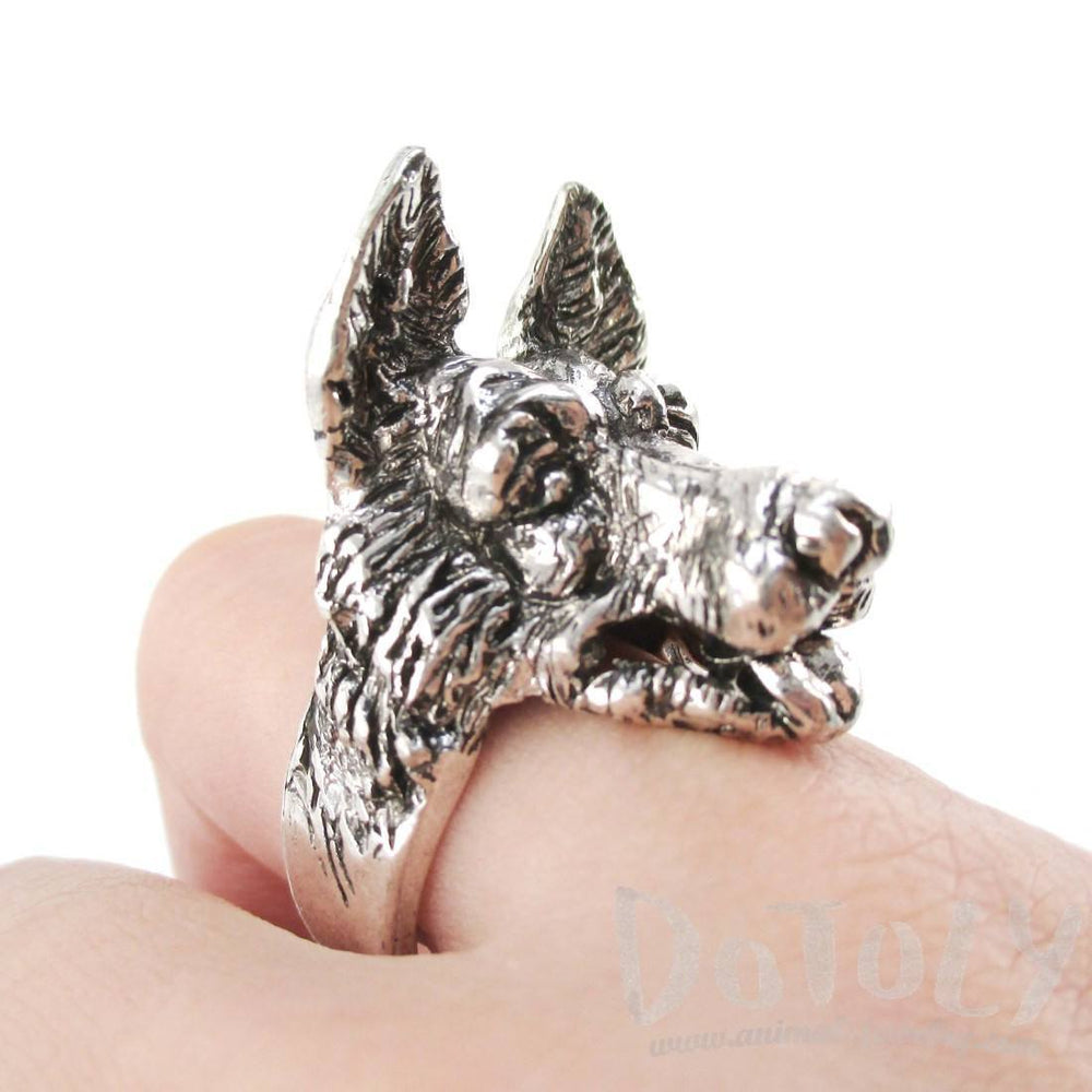 3D German Shepherd Head Shaped Animal Ring in Silver | Gifts for Dog Lovers | DOTOLY