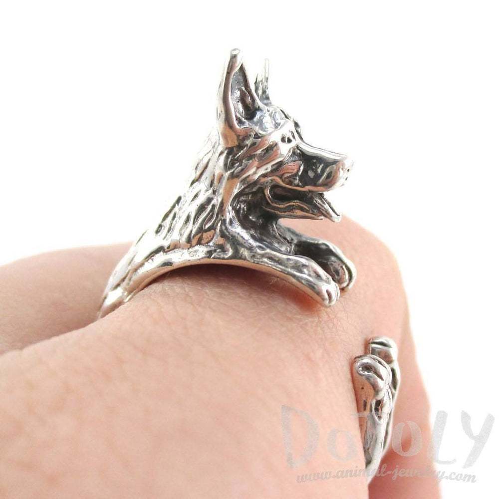 3D German Shepherd Shaped Animal Ring in 925 Sterling Silver | Sizes 5 to 9 | DOTOLY