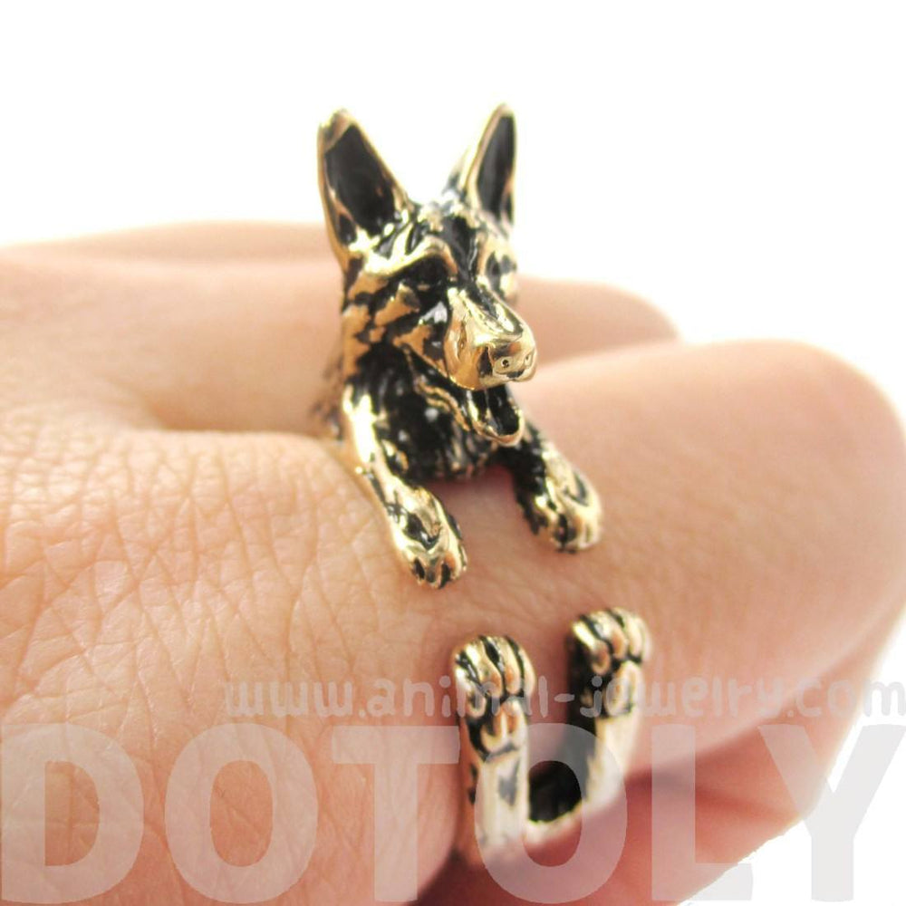 3D German Shepherd Shaped Animal Wrap Ring in Shiny Gold | Sizes 4 to 8.5 | DOTOLY