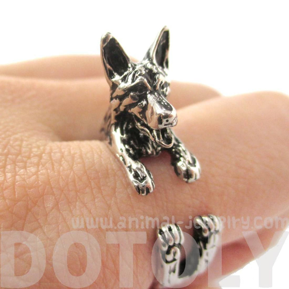 3D German Shepherd Shaped Animal Wrap Ring in Shiny Silver | Sizes 4 to 8.5 | DOTOLY