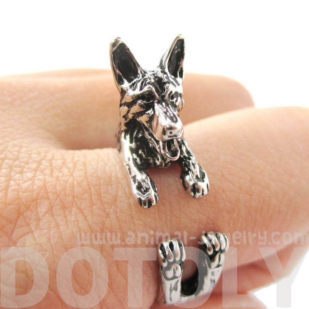 3D German Shepherd Shaped Animal Wrap Ring in Shiny Silver | Sizes 4 to 8.5 | DOTOLY