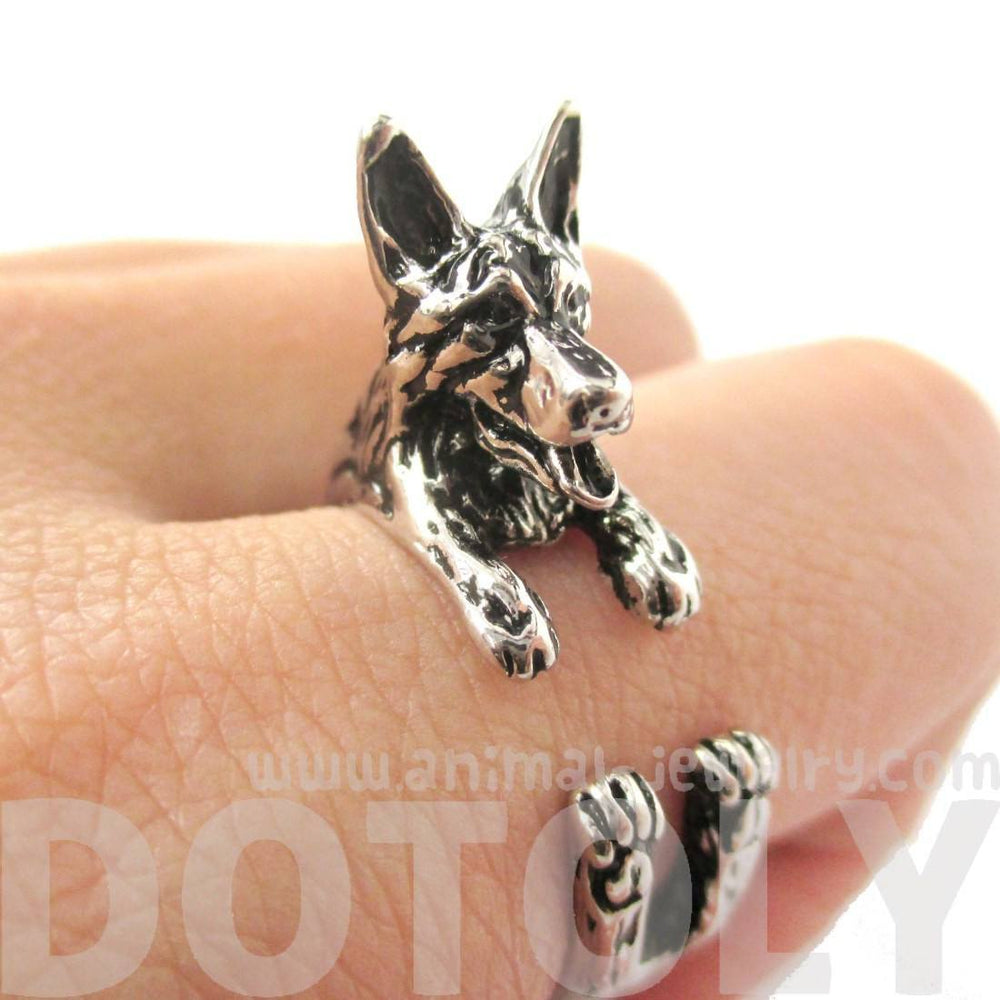 3D German Shepherd Shaped Animal Wrap Ring in Shiny Silver | Sizes 4 to 8.5 | DOTOLY